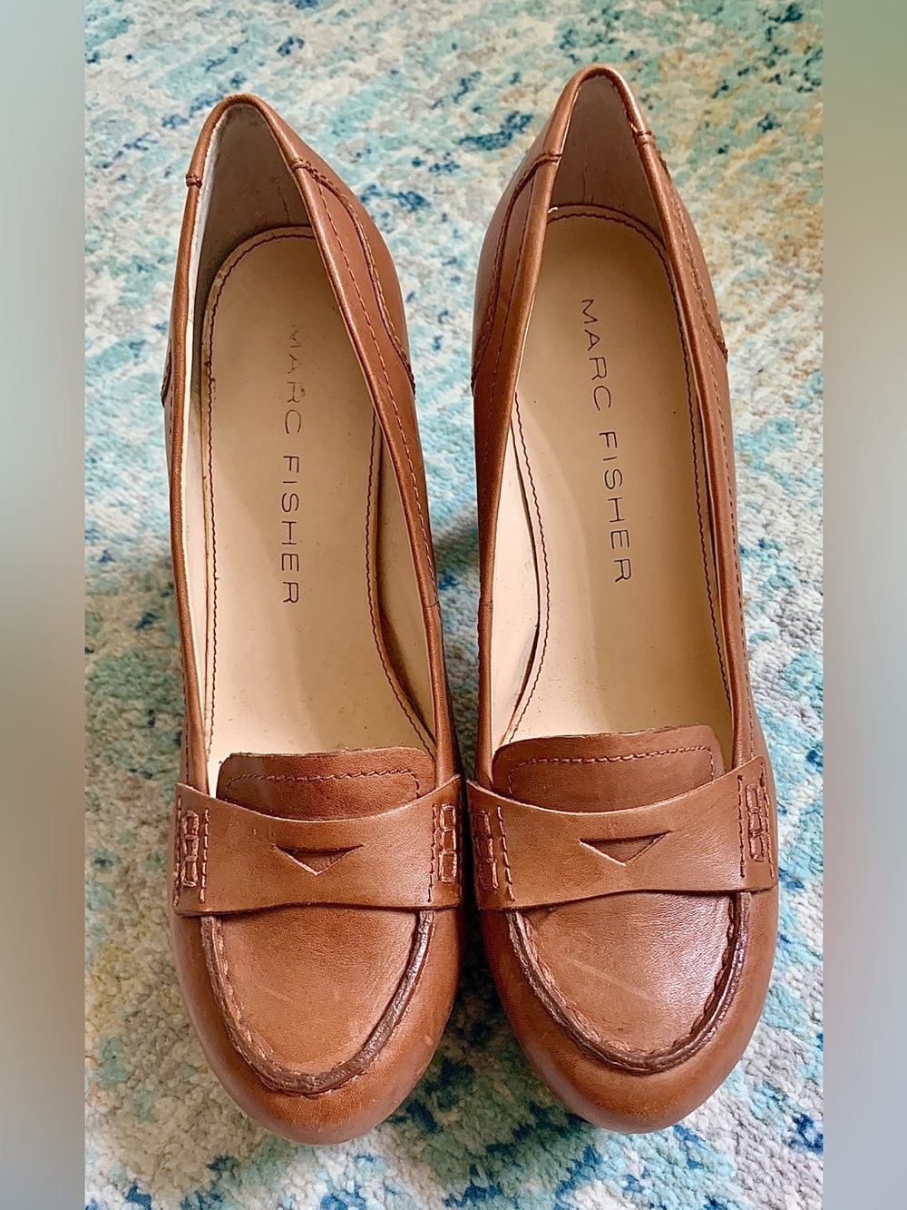 Marc Fisher Brown Leather Block Heeled Penny Loafers Pumps